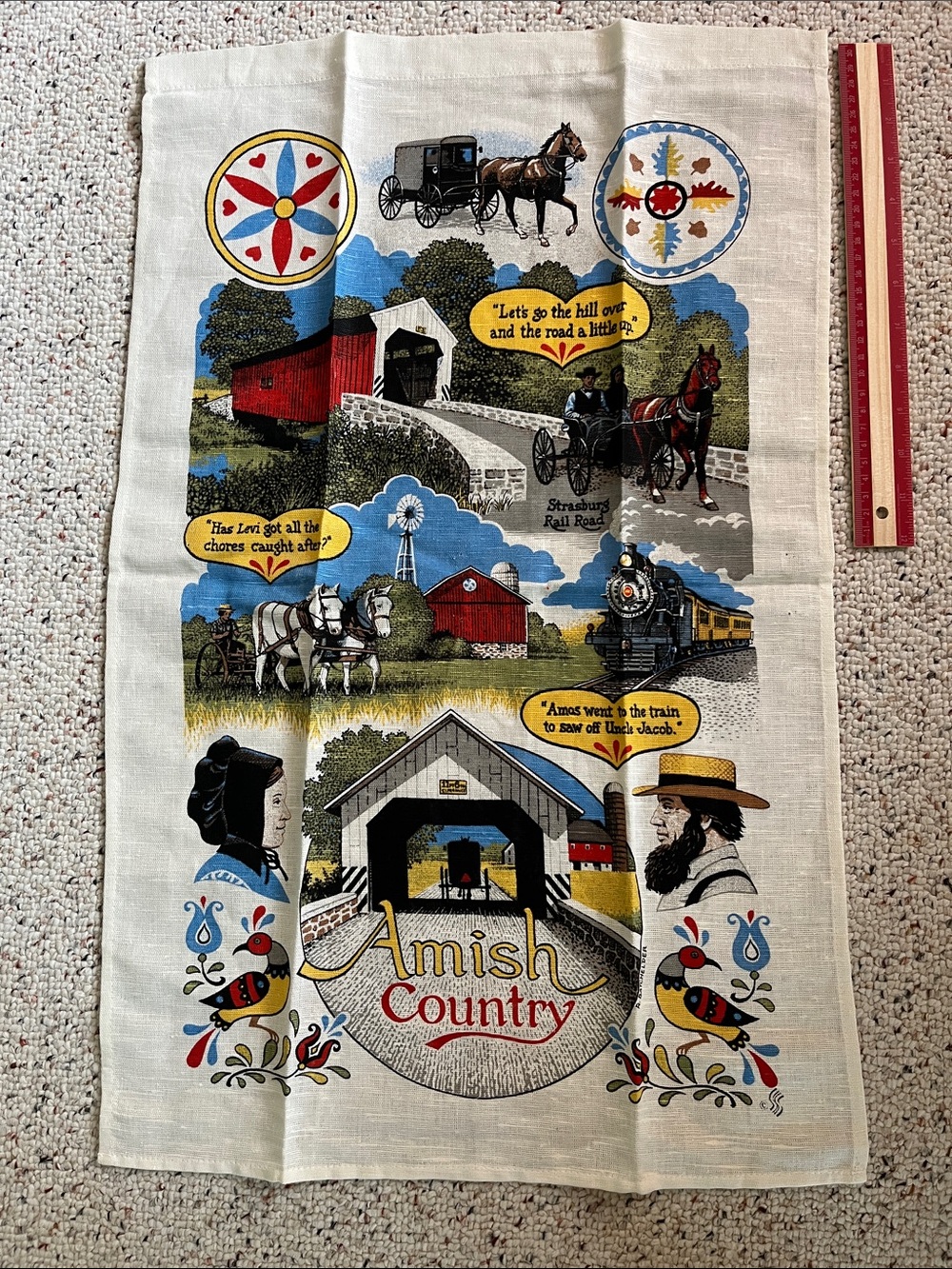 Amish Country Decorative Linen Tea Towel with Rural Scenes 26 x 17 inches
